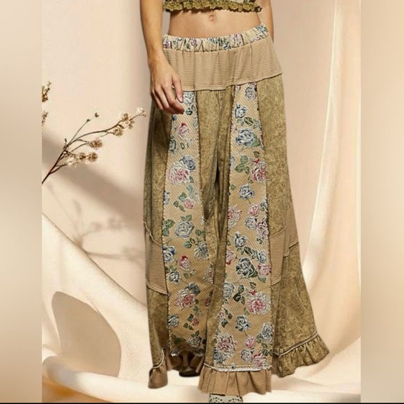 POL Ruffle Hem Wide-Leg Pants | Bohemian Floral Patchwork Flowy Draped Style - Picture 1 of 10